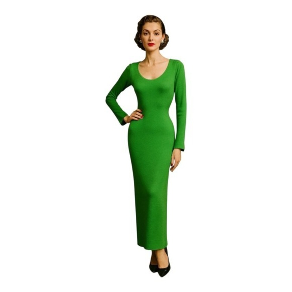Frederick's of Hollywood 1950s Kelly Green Lightweight‎ Wool Maxi Dress